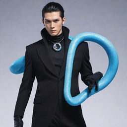 An anime-style man garbed in a sleek black aesthetic outfit, with an ice-blue snake entwined stylishly around his neck.