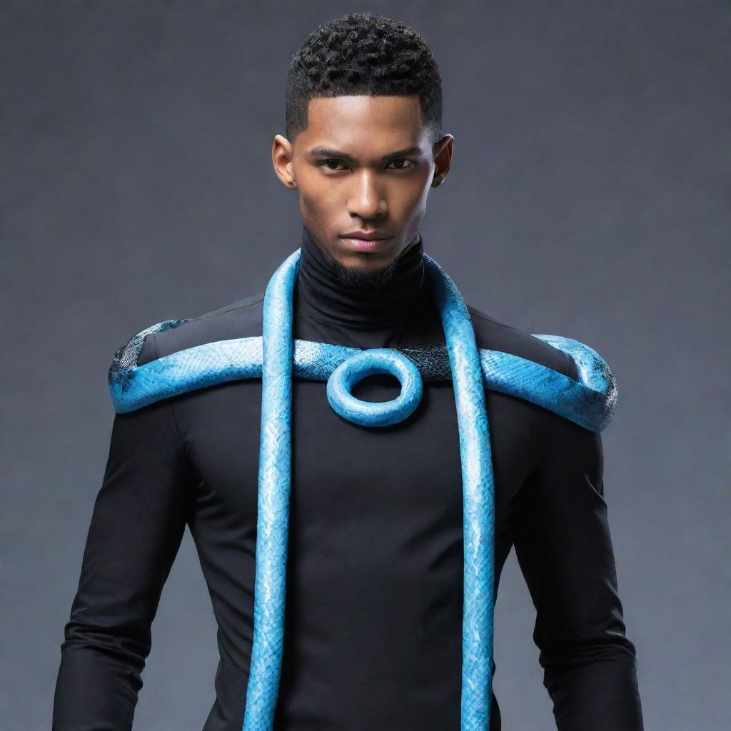 An anime-style man garbed in a sleek black aesthetic outfit, with an ice-blue snake entwined stylishly around his neck.