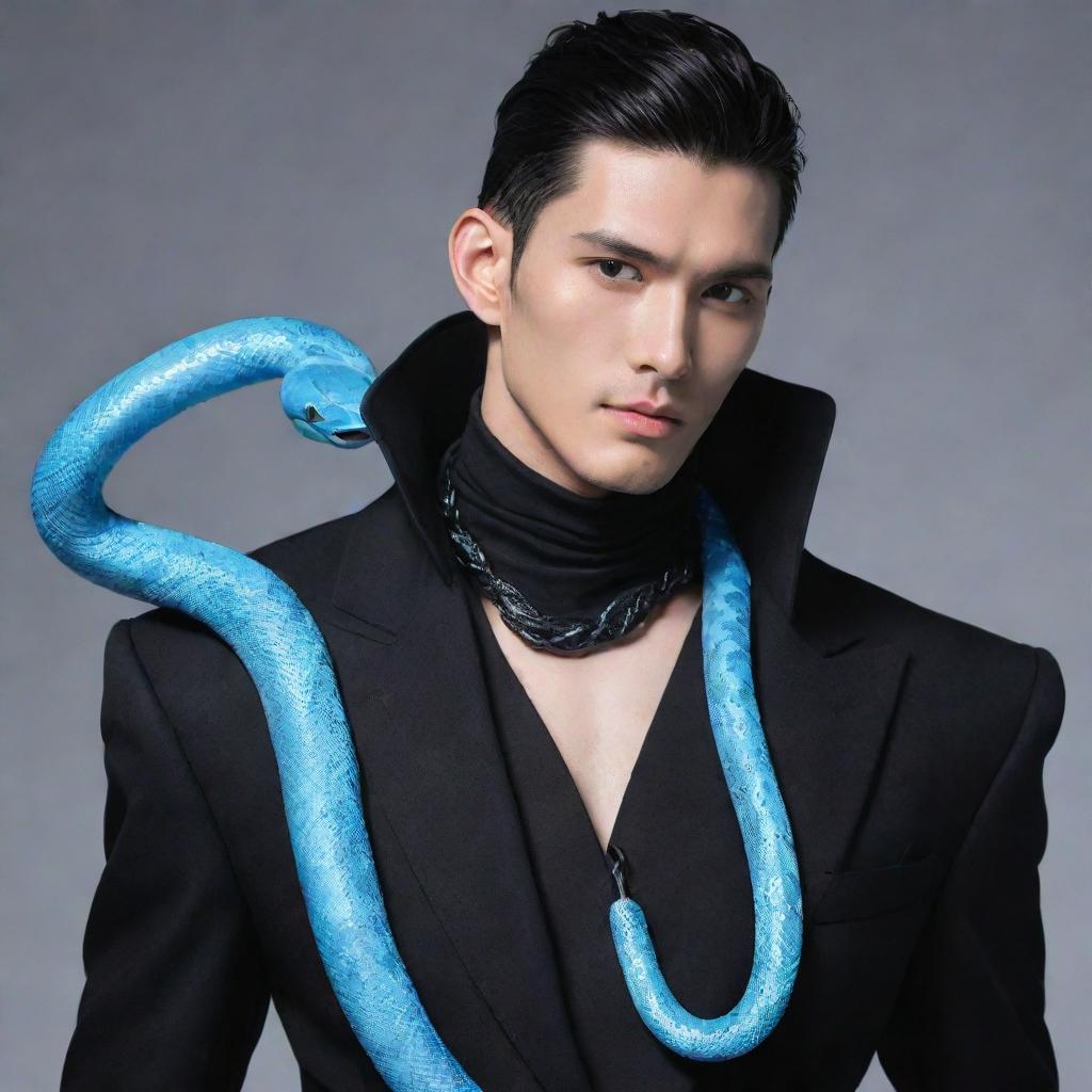 An anime-style man garbed in a sleek black aesthetic outfit, with an ice-blue snake entwined stylishly around his neck.