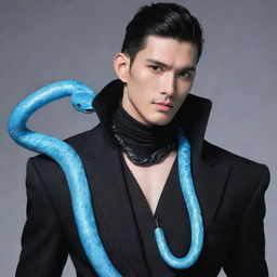 An anime-style man garbed in a sleek black aesthetic outfit, with an ice-blue snake entwined stylishly around his neck.