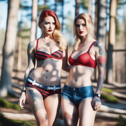 A high-resolution photograph of two stunning women with blonde and red hair respectively, in a forest setting