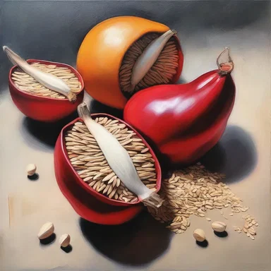 The artist creates a stunning still life painting featuring corakan seeds, emphasizing their unique texture and color.