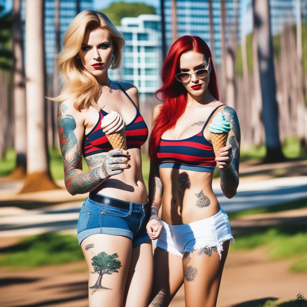 A high-quality photograph of two attractive women with blonde and red hair respectively, in a forest setting