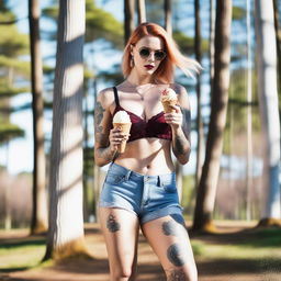 A high-quality photograph of two attractive women with blonde and red hair respectively, in a forest setting