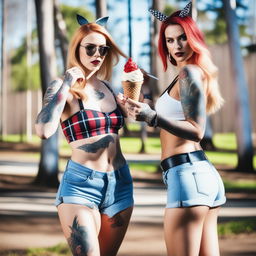 A high-quality photograph of two attractive women with blonde and red hair respectively, in a forest setting