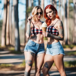 A high-quality photograph of two attractive women with blonde and red hair respectively, in a forest setting