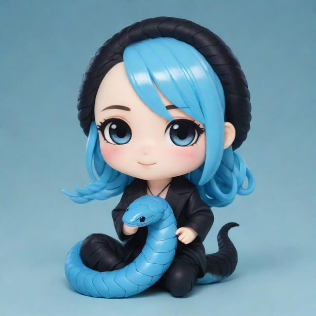 An adorable anime chibi, dressed up in a cool black aesthetic attire, with a cute ice-blue snake playfully coiled around its neck.