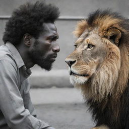 A solemn lion engaged in a serious conversation with a empathetic black human, both their faces showing signs of concern and sadness.