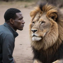 A solemn lion engaged in a serious conversation with a empathetic black human, both their faces showing signs of concern and sadness.