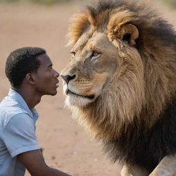 A solemn lion engaged in a serious conversation with a empathetic black human, both their faces showing signs of concern and sadness.