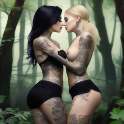 This is a high-quality digital art image featuring two incredibly attractive women, one blonde and one with black hair, each adorned with intricate tattoos on their arms