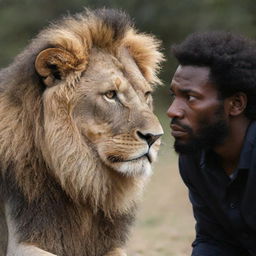 A solemn lion engaged in a serious conversation with a empathetic black human, both their faces showing signs of concern and sadness.