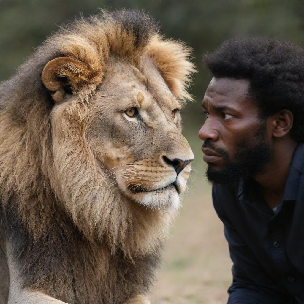 A solemn lion engaged in a serious conversation with a empathetic black human, both their faces showing signs of concern and sadness.