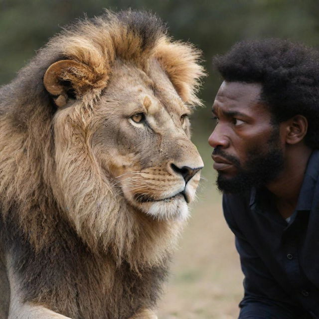 A solemn lion engaged in a serious conversation with a empathetic black human, both their faces showing signs of concern and sadness.