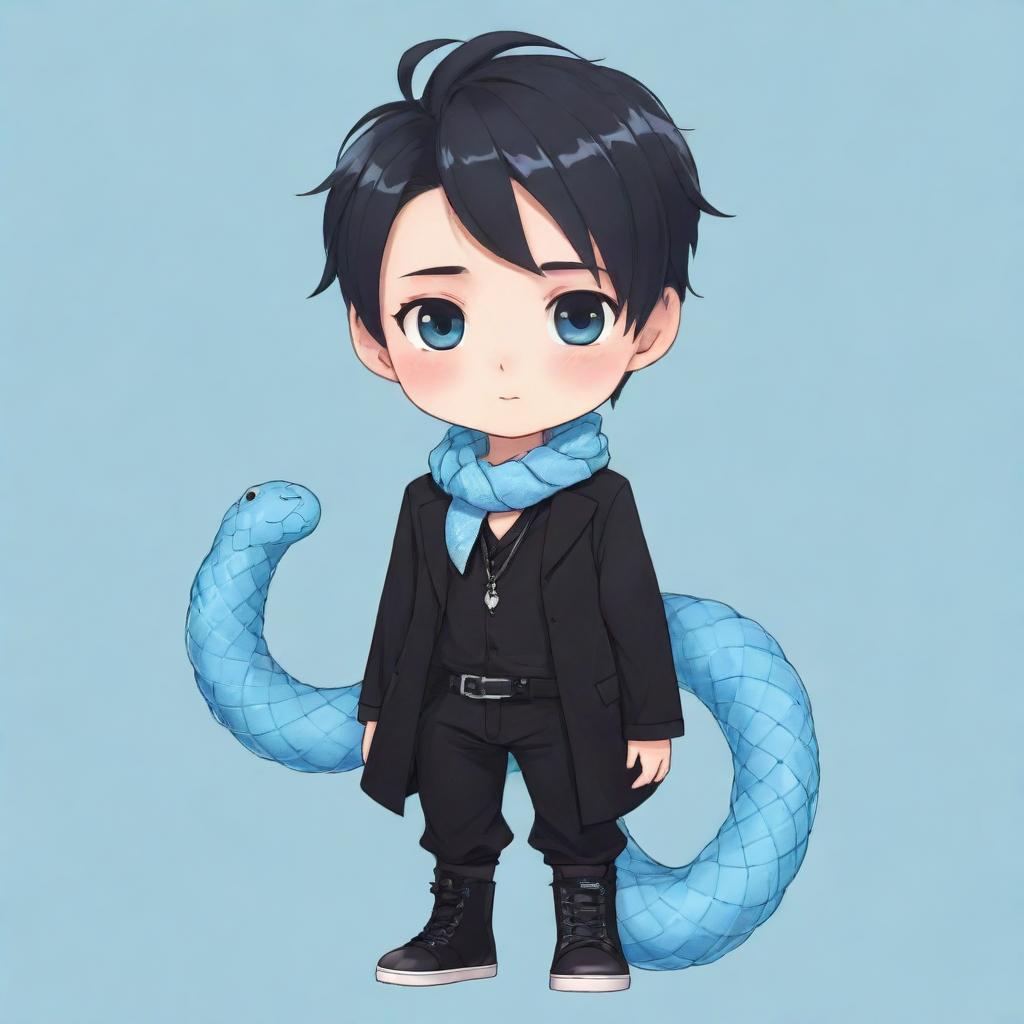 Chibi-style anime boy wearing a trendy black aesthetic outfit, with an ice-blue snake whimsically twined around his neck.