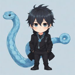 Chibi-style anime boy wearing a trendy black aesthetic outfit, with an ice-blue snake whimsically twined around his neck.