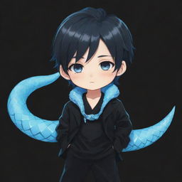 Chibi-style anime boy wearing a trendy black aesthetic outfit, with an ice-blue snake whimsically twined around his neck.