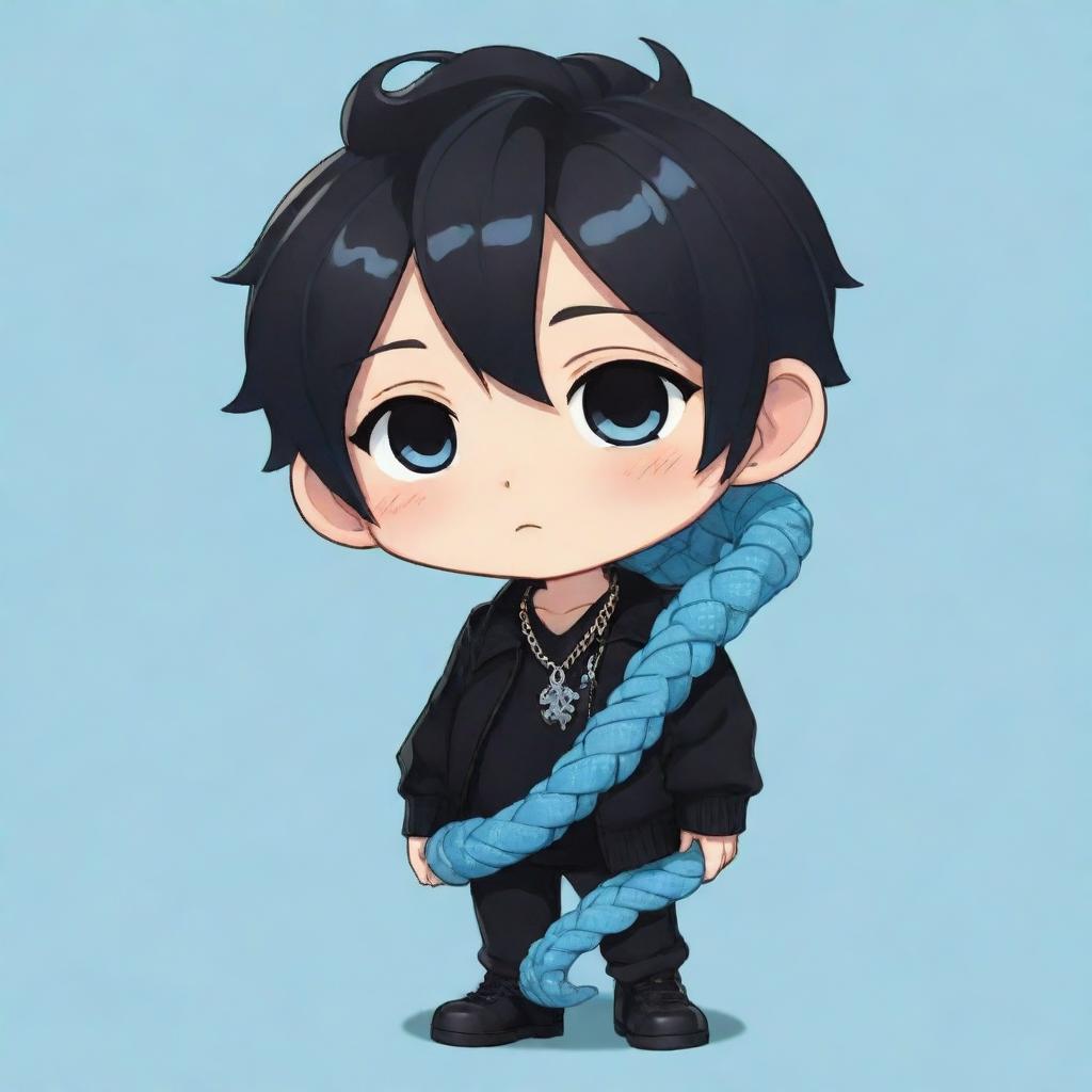 Chibi-style anime boy wearing a trendy black aesthetic outfit, with an ice-blue snake whimsically twined around his neck.