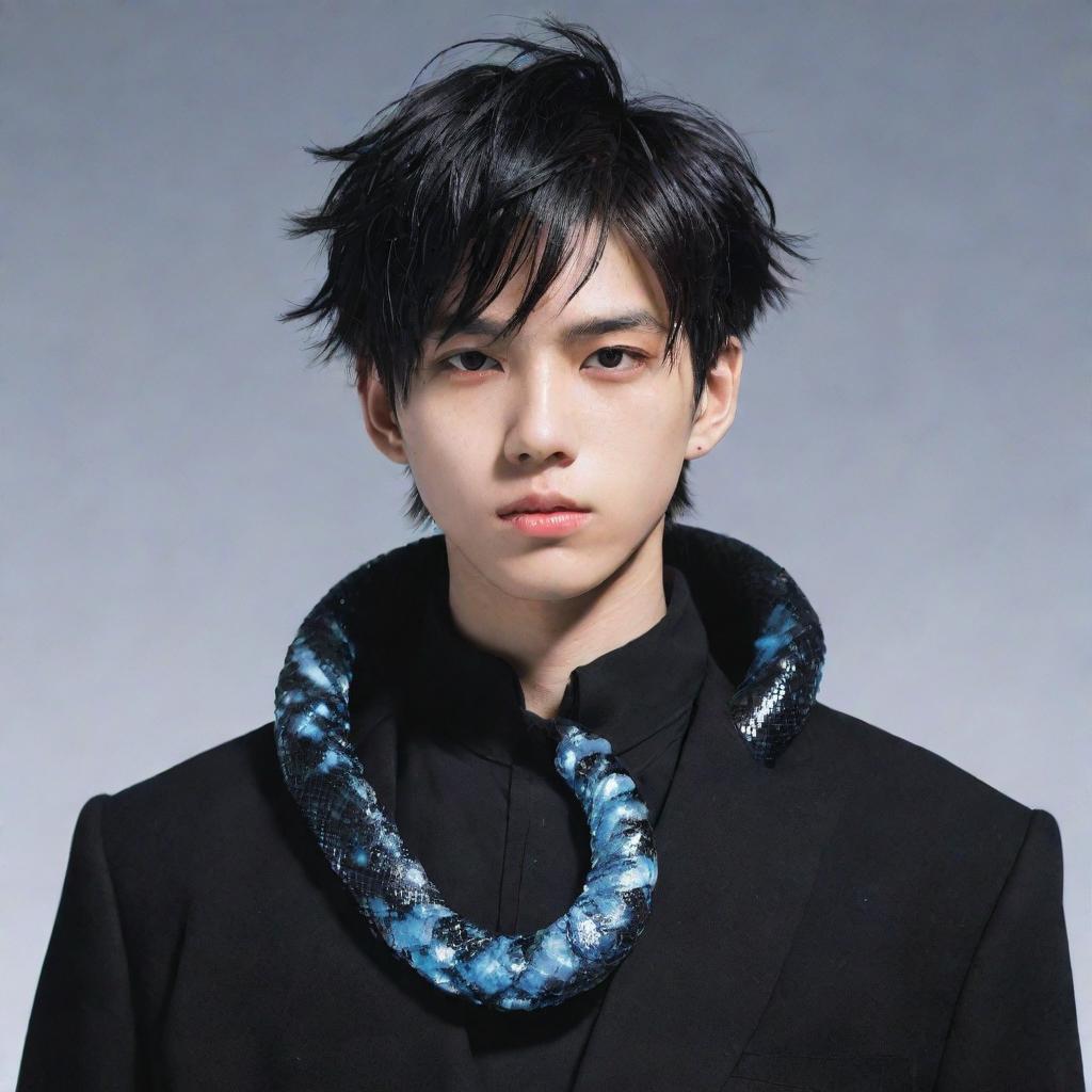 Anime-style boy with a serious demeanor, sporting a chic black aesthetic look, features a glistening ice snake coiled decoratively around his neck.