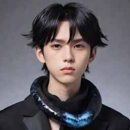 Anime-style boy with a serious demeanor, sporting a chic black aesthetic look, features a glistening ice snake coiled decoratively around his neck.