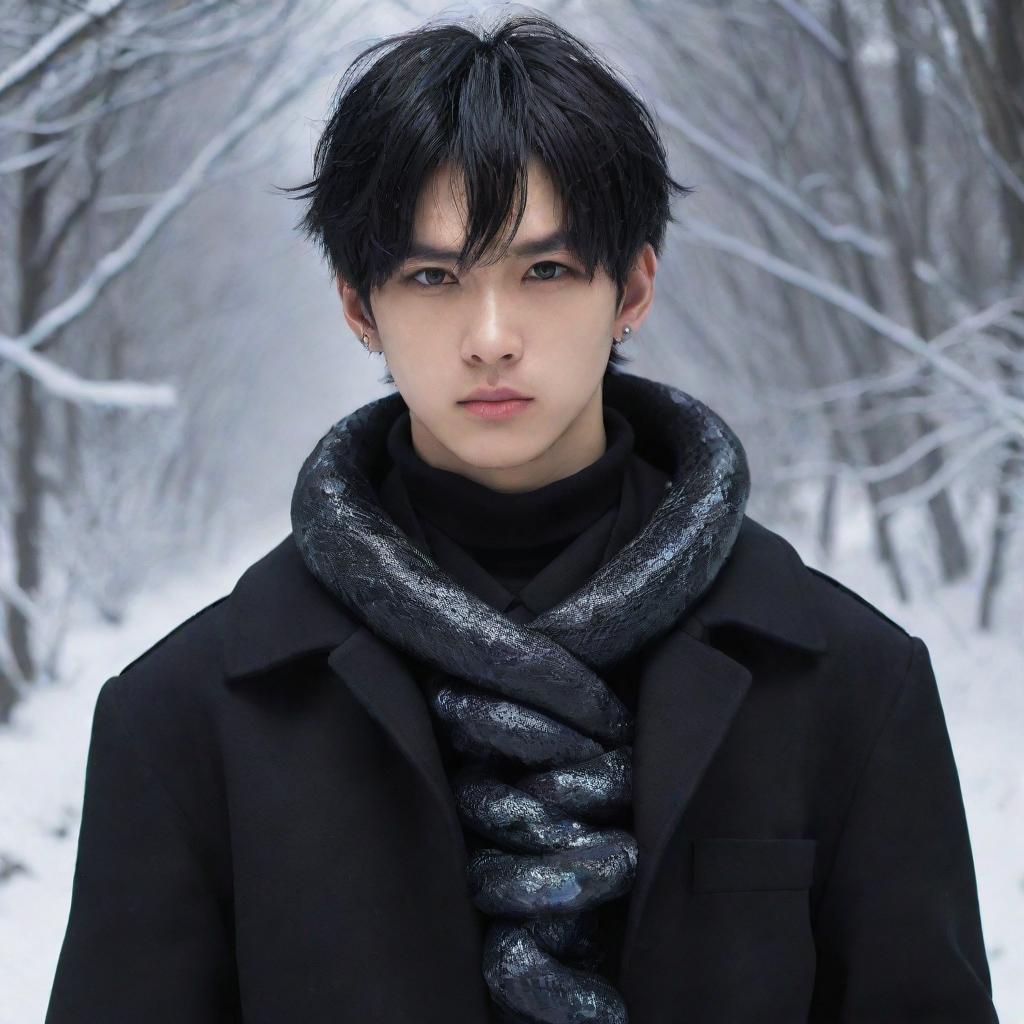 Anime-style boy with a serious demeanor, sporting a chic black aesthetic look, features a glistening ice snake coiled decoratively around his neck.