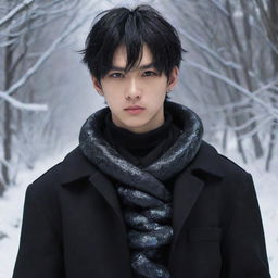 Anime-style boy with a serious demeanor, sporting a chic black aesthetic look, features a glistening ice snake coiled decoratively around his neck.