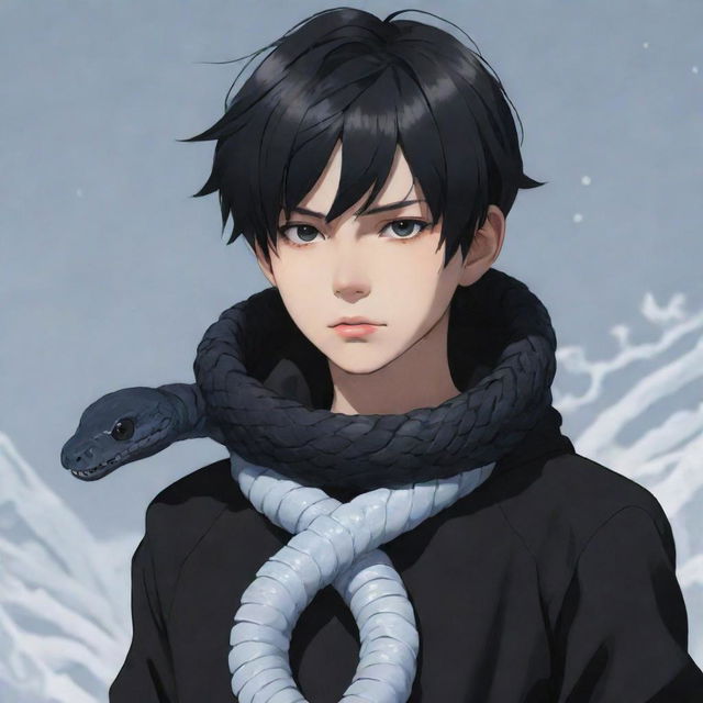 Anime-stylized character of a boy exhibiting a serious expression, attired in modern black aesthetic apparel, with an icy snake ornately coiled around his neck.