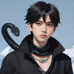 Anime-stylized character of a boy exhibiting a serious expression, attired in modern black aesthetic apparel, with an icy snake ornately coiled around his neck.