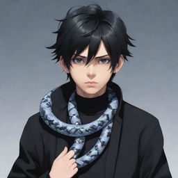 Anime-stylized character of a boy exhibiting a serious expression, attired in modern black aesthetic apparel, with an icy snake ornately coiled around his neck.