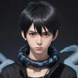 Anime-stylized character of a boy exhibiting a serious expression, attired in modern black aesthetic apparel, with an icy snake ornately coiled around his neck.