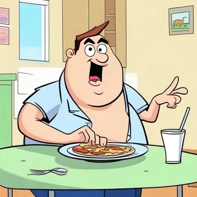 In the cartoon, the dyspeptic character always complains about stomach pain after eating.