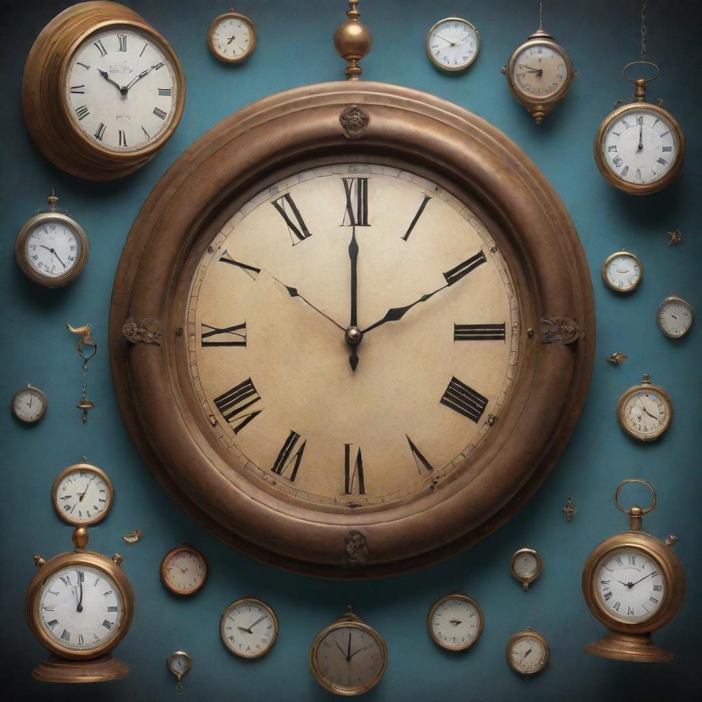 A whimsical visualization of time travel featuring diverse clocks, ethereal hourglasses, and quirky time-traveling characters engaged in adventure.