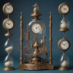 An imaginative fusion of vintage clocks, timeless hourglasses, and whimsical characters engaged in fantastical time travel.