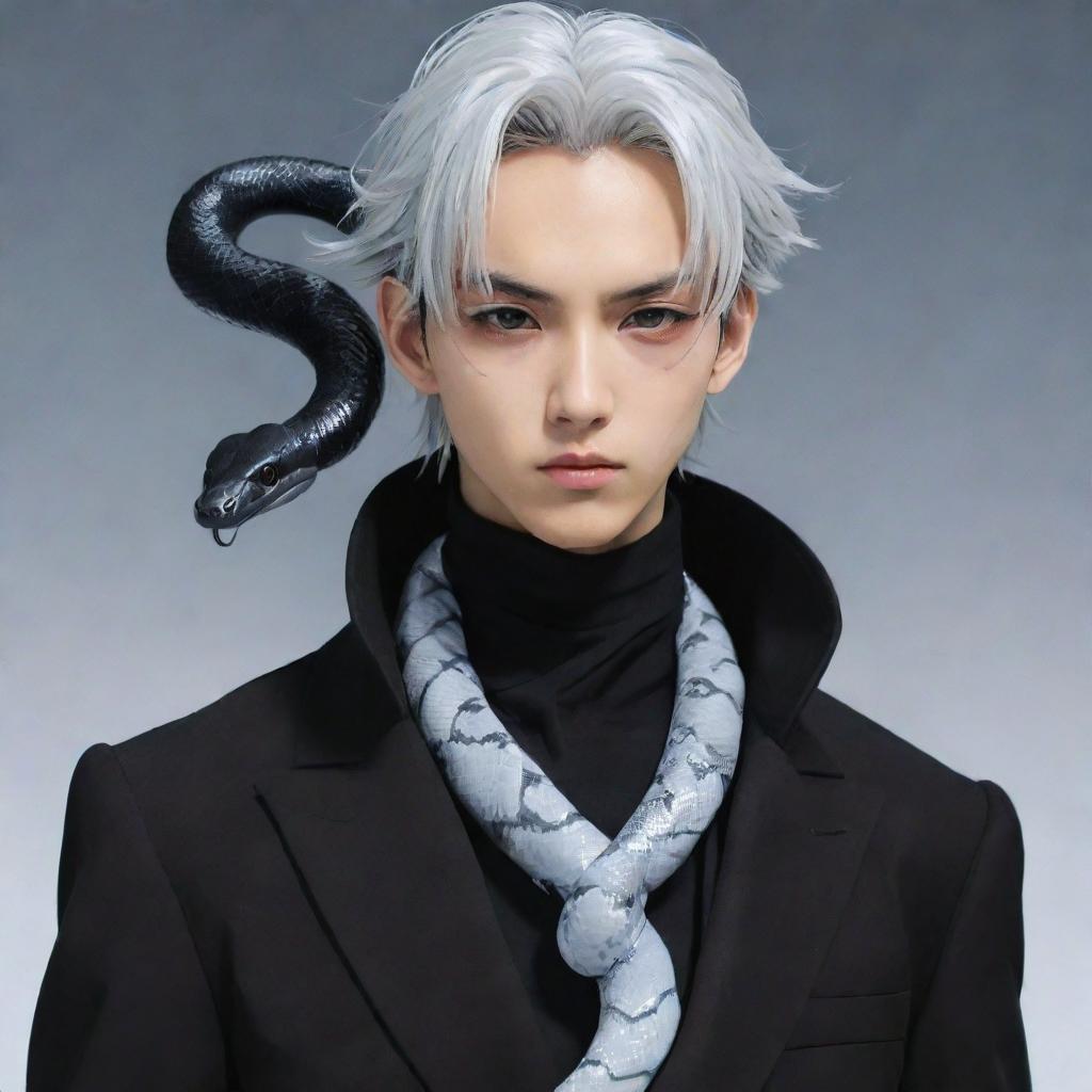 Anime character presenting a stern expression, stylishly clad in black aesthetic attire, accompanied by an icy snake elegantly tangled around the neck.