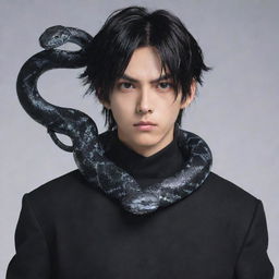 Anime character presenting a stern expression, stylishly clad in black aesthetic attire, accompanied by an icy snake elegantly tangled around the neck.