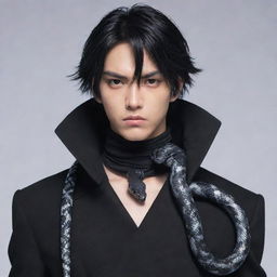 Anime character presenting a stern expression, stylishly clad in black aesthetic attire, accompanied by an icy snake elegantly tangled around the neck.