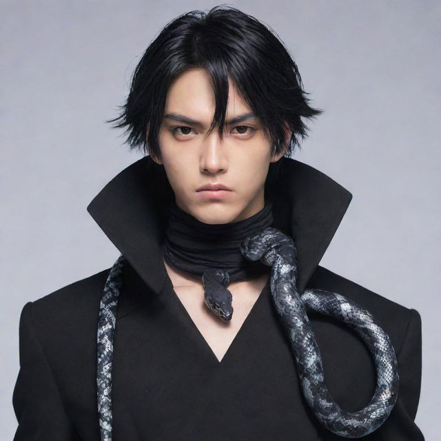 Anime character presenting a stern expression, stylishly clad in black aesthetic attire, accompanied by an icy snake elegantly tangled around the neck.