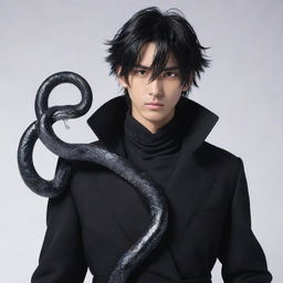 Anime character presenting a stern expression, stylishly clad in black aesthetic attire, accompanied by an icy snake elegantly tangled around the neck.