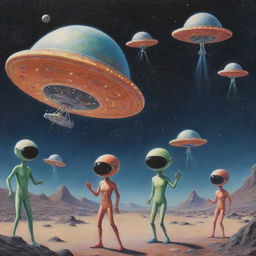 Quirky extraterrestrial beings engaged in fun activities with their UFOs, set against the backdrop of an expansive outer space.