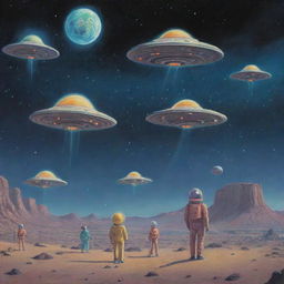 Quirky extraterrestrial beings engaged in fun activities with their UFOs, set against the backdrop of an expansive outer space.