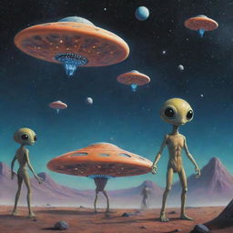 Quirky extraterrestrial beings engaged in fun activities with their UFOs, set against the backdrop of an expansive outer space.