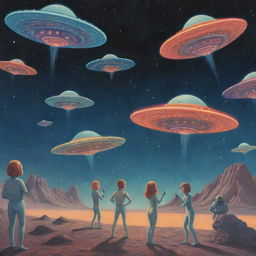 Quirky extraterrestrial beings engaged in fun activities with their UFOs, set against the backdrop of an expansive outer space.