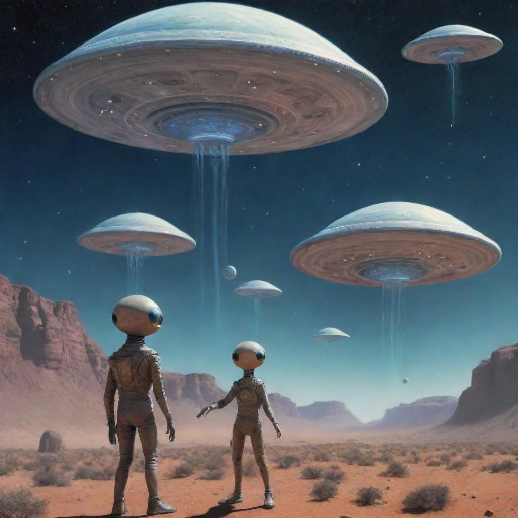 Playful and friendly extraterrestrial beings alongside eccentric UFOs in an outer space setting.