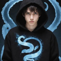 Anime-style boy, clothed in a black hoodie featuring a 'Rep T.V.' print, gripping a snake formed of ice, emanating a chilling icy power.