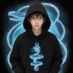 Anime-style boy, clothed in a black hoodie featuring a 'Rep T.V.' print, gripping a snake formed of ice, emanating a chilling icy power.