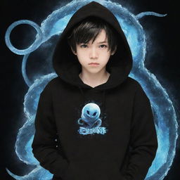 Anime-style boy, clothed in a black hoodie featuring a 'Rep T.V.' print, gripping a snake formed of ice, emanating a chilling icy power.