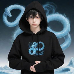 Anime-style boy, clothed in a black hoodie featuring a 'Rep T.V.' print, gripping a snake formed of ice, emanating a chilling icy power.