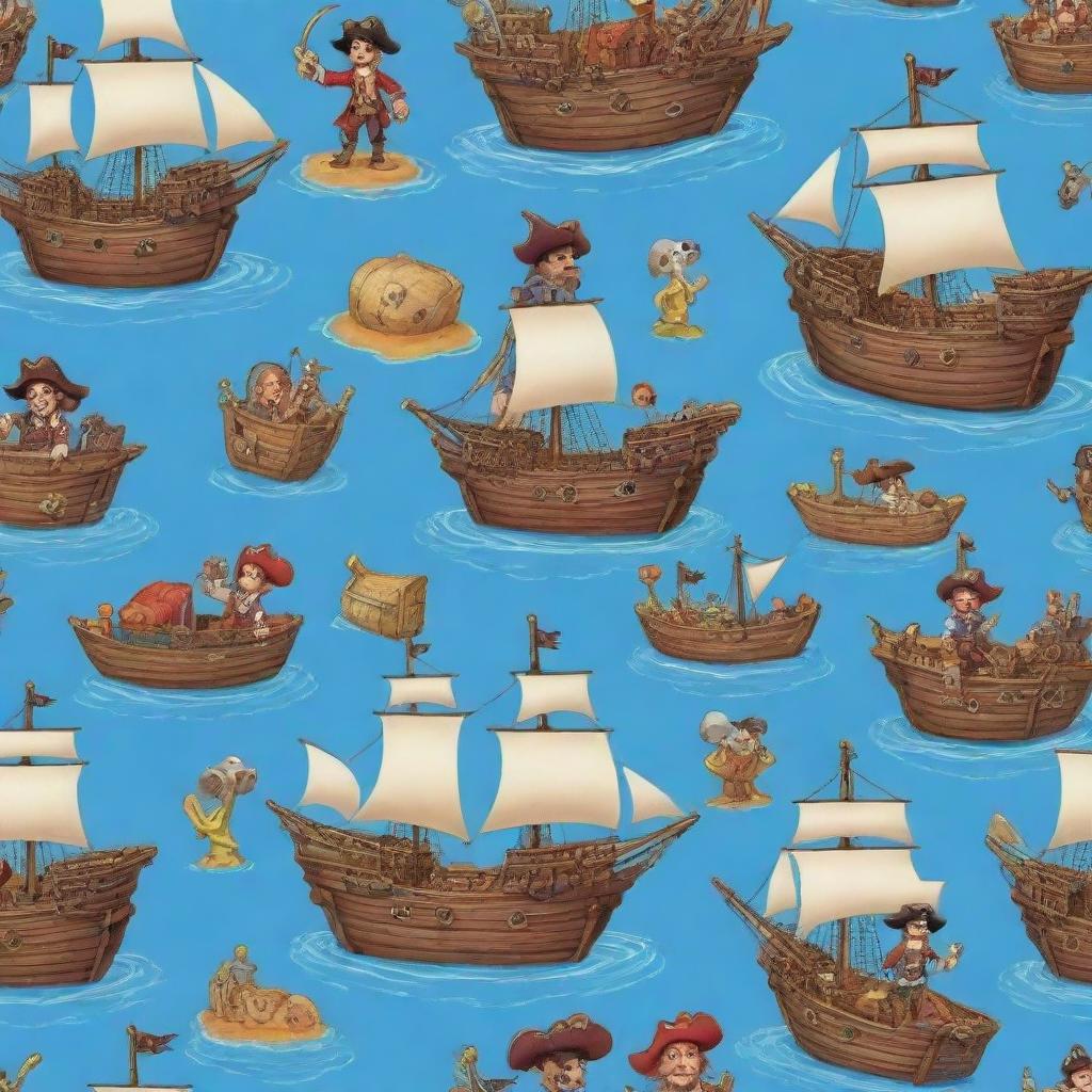 Friendly pirate characters engaging in adventures, complete with detailed pirate ships and intricate treasure maps.