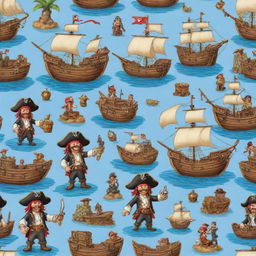 Friendly pirate characters engaging in adventures, complete with detailed pirate ships and intricate treasure maps.