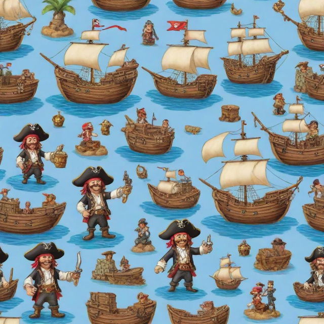 Friendly pirate characters engaging in adventures, complete with detailed pirate ships and intricate treasure maps.